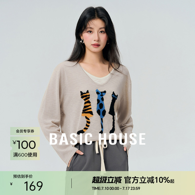 Basic House/百家好假两件猫咪长袖针织衫春季新款撞色上衣2025女