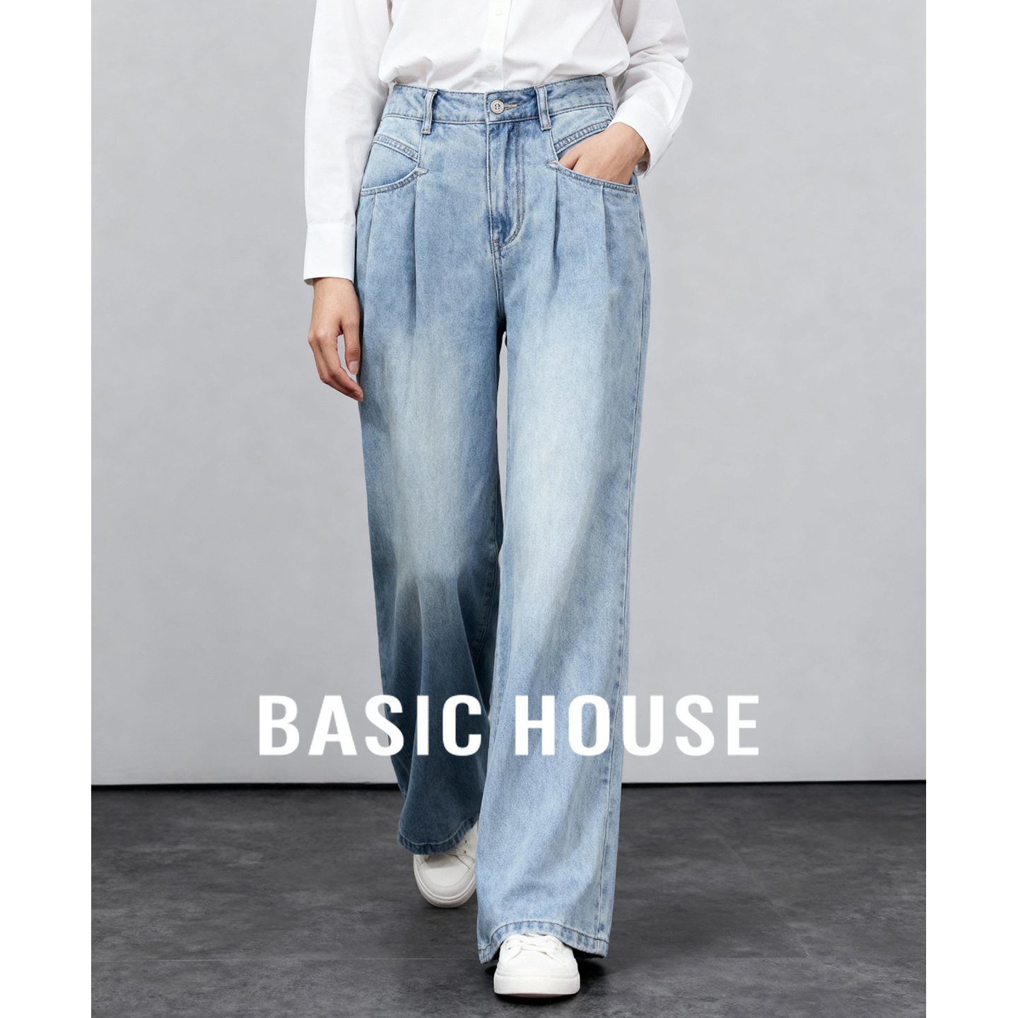 Basic House/百家好莱赛尔水洗牛仔裤女秋季新款高腰显瘦阔腿长裤