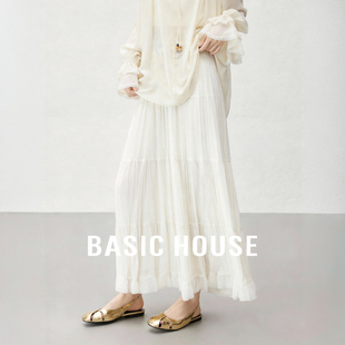 新款 百家好白色半身裙女春季 度假百褶蛋糕裙A字伞裙 House Basic