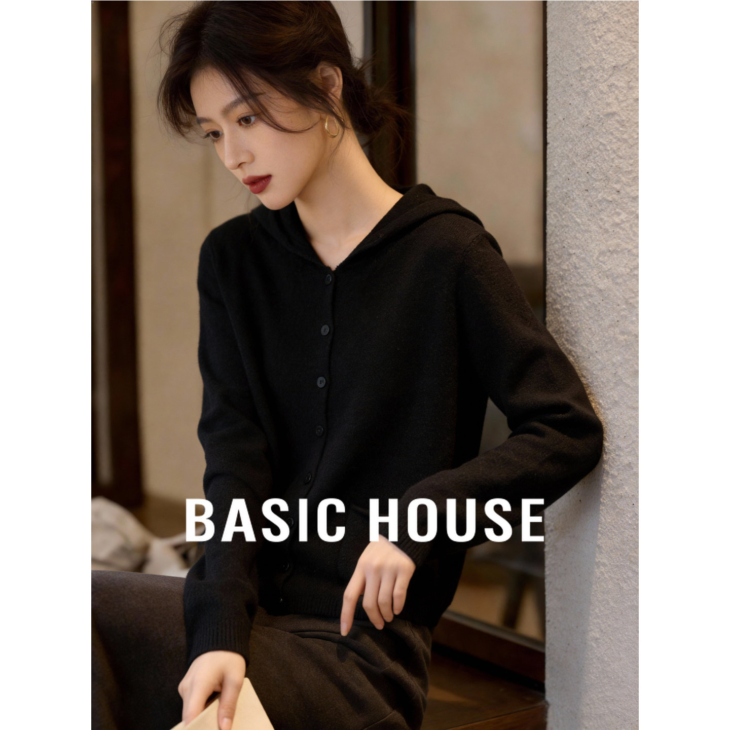 百家好黑色连帽绵羊毛针织开衫上衣春季新款女士慵懒宽松毛衣外套