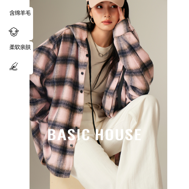 Basic House/百家好撞色格子外套秋季休闲连帽抽绳单排扣长袖上衣