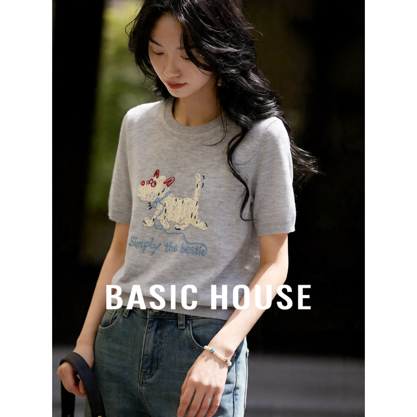 Basic House/百家好小狗刺绣薄款针织衫夏季新款宽松减龄短袖上衣
