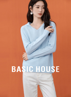 Basic House/百家好套头绵羊毛针织衫2025秋冬新款蓝色连帽毛衣女
