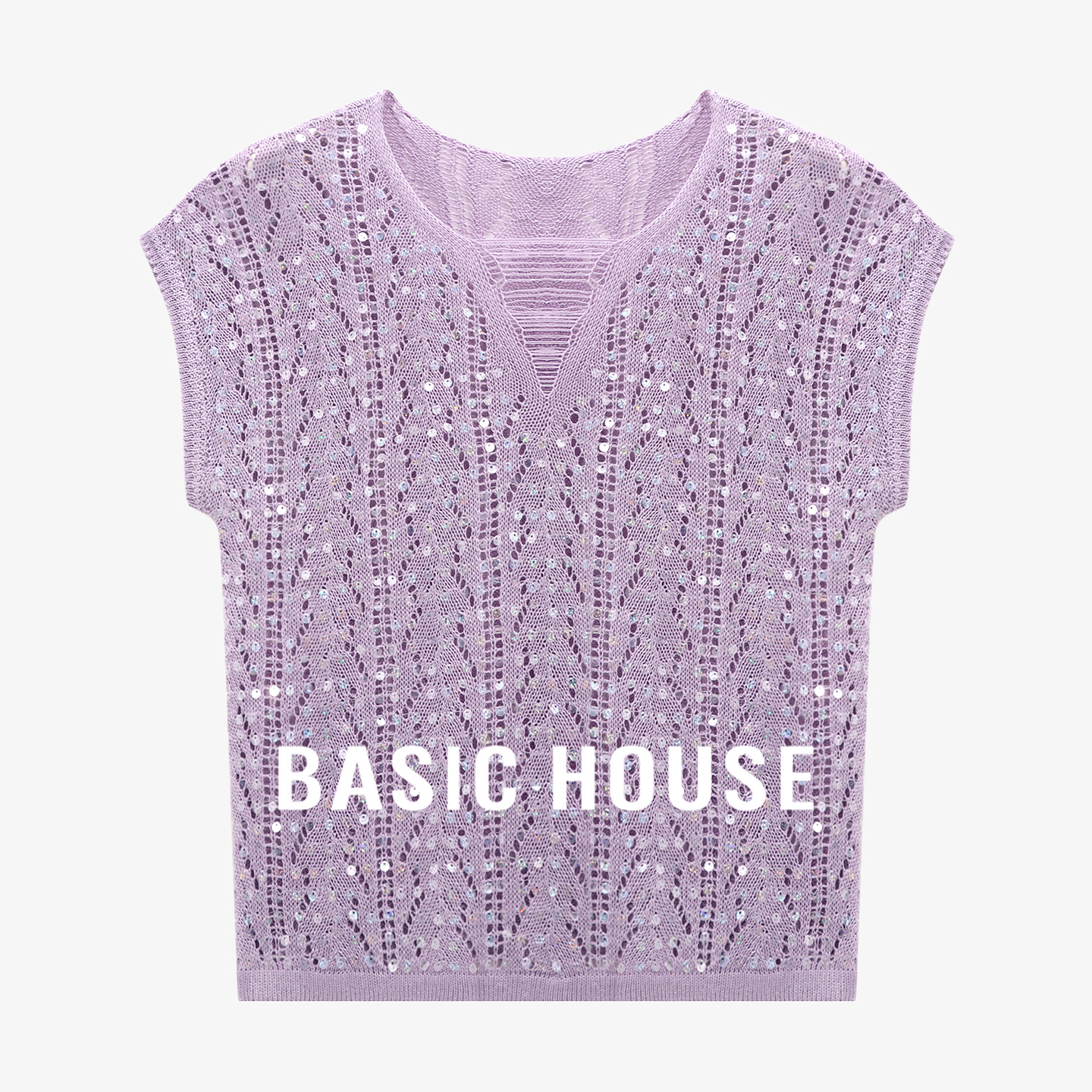 Basic House/百家好镂空花纹短袖上衣夏季新款优雅时尚亮片针织衫