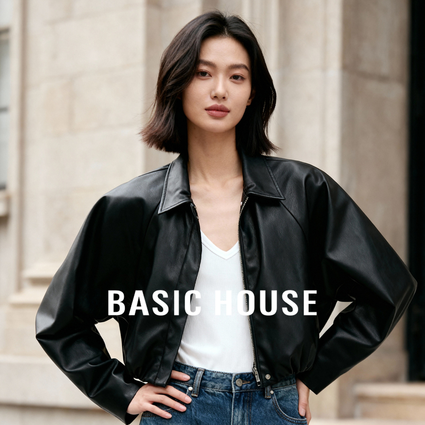 Basic House/百家好休闲短款皮衣秋冬翻领复古收腰机车皮夹克外套