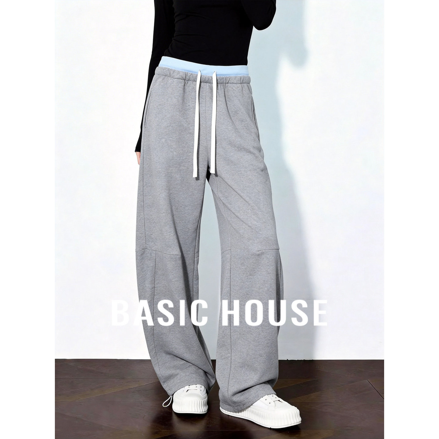 Basic House/百家好韩式抽绳弯刀裤女26夏季新款通勤阔腿休闲卫裤