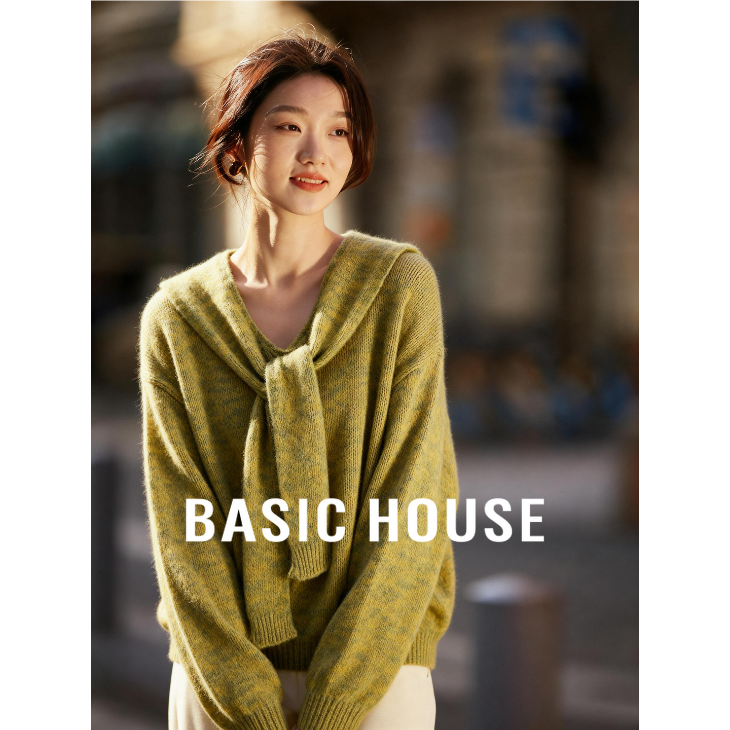 百家好海军领绑带设计宽松短款上衣通勤休闲温柔风保暖休闲毛衣