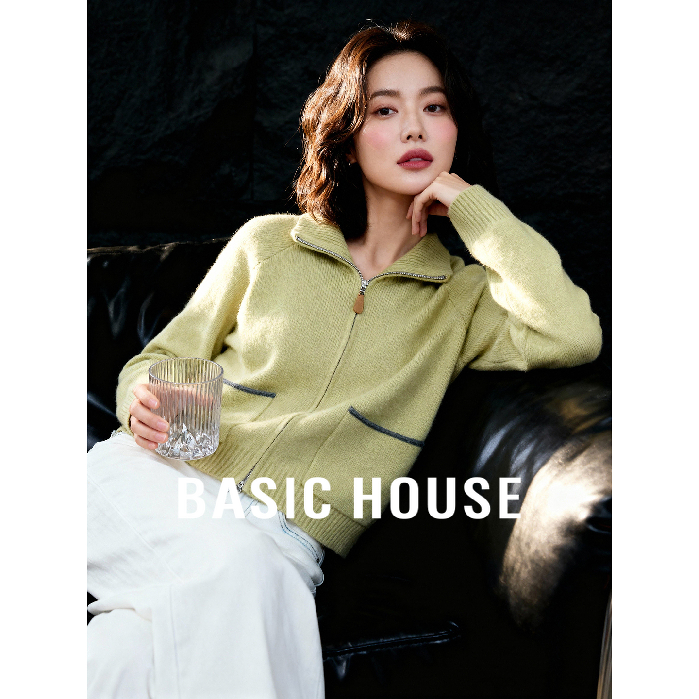 Basic House/百家好慵懒风翻领拉链毛衣秋季女流行插肩袖开衫外套