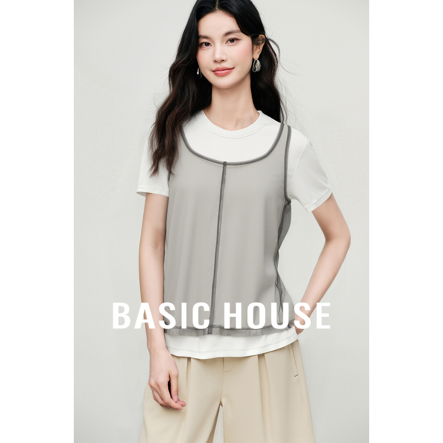 Basic House百家好网纱背心短袖T恤女2025夏新款高级感假两件上衣