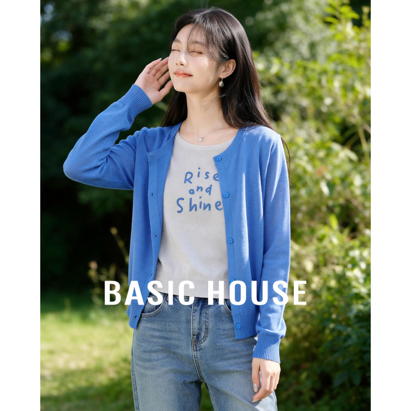 Basic House/百家好莱赛尔假两件针织衫女夏薄款防晒空调衫上衣