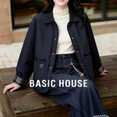 风加厚保暖棉服冬装 工装 上衣 新款 百家好撞色拼格纹翻领外套女冬季