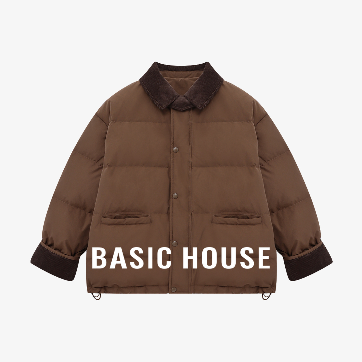Basic House/百家好翻领拼接短款羽绒服女冬宽松保暖复古休闲外套