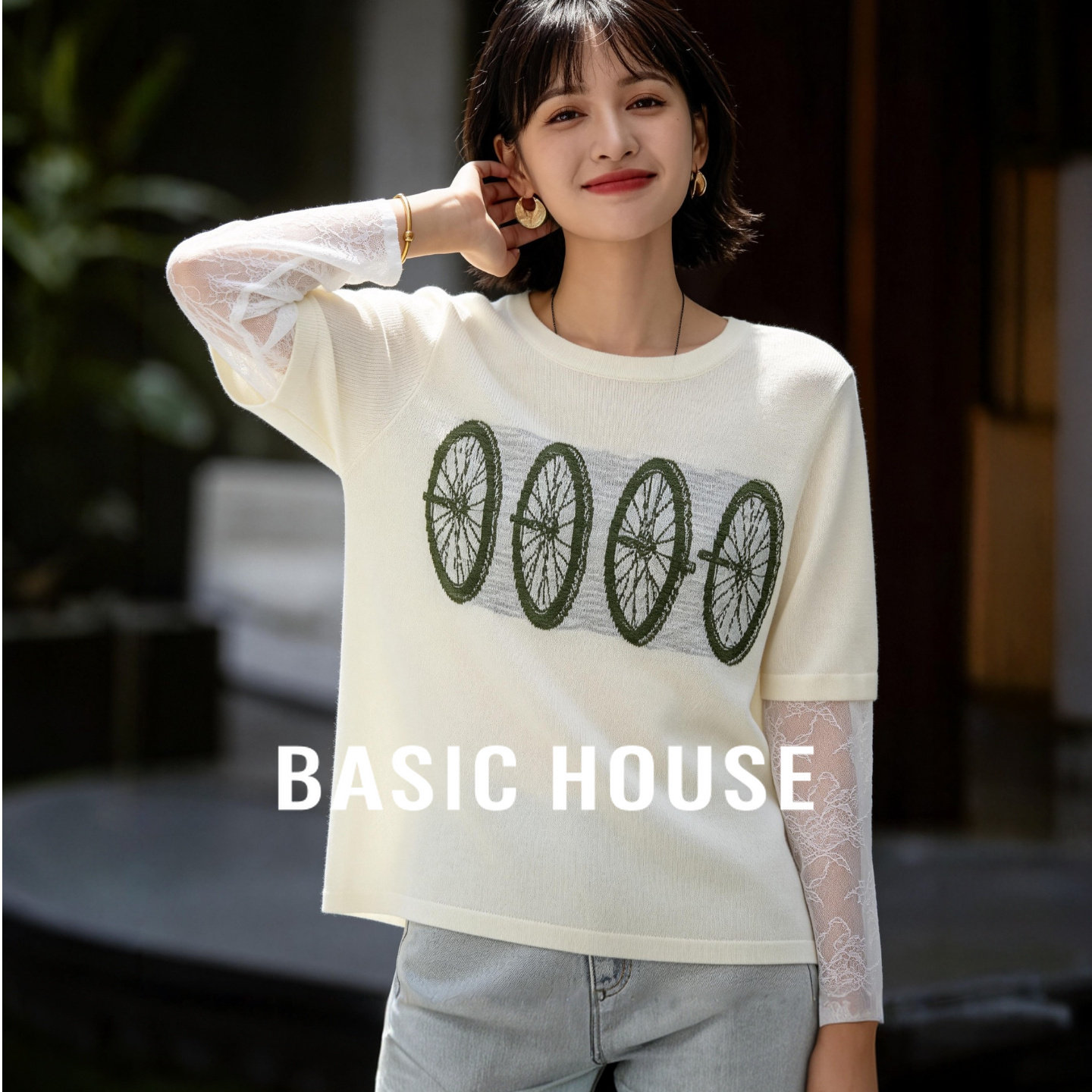 百家好通勤假两件针织衫女夏季车轮提花蕾丝袖宽松圆领薄款T恤