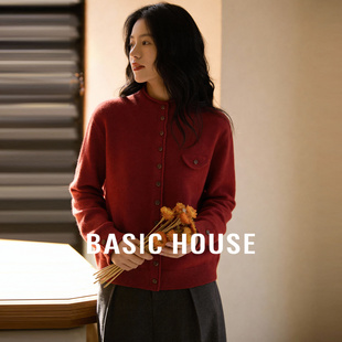 Basic House/百家好半高领针织开衫女冬季新款慵懒风红色打底毛衣