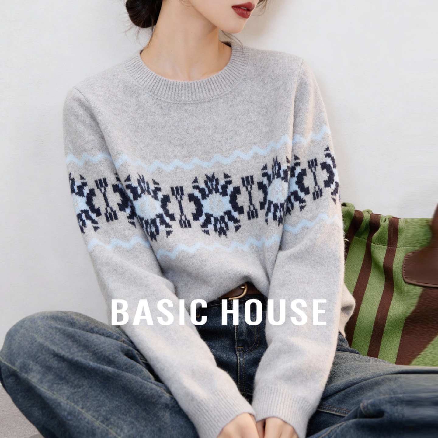 Basic House/百家好复古费尔岛圆领毛衣女冬季宽松针织衫上衣毛衫,女装/女士精品,毛衣,淘宝优惠券,粉丝福利购,淘宝优惠卷