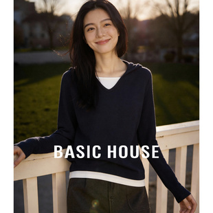 百家好撞色假两件针织T恤衫春季新款女士宽松V领拼接长袖连帽上衣