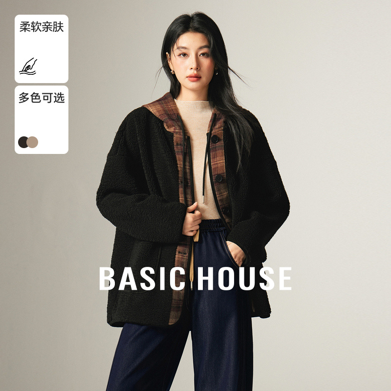 Basic House/百家好格子拼接毛毛外套秋冬新款宽松慵懒风连帽上衣