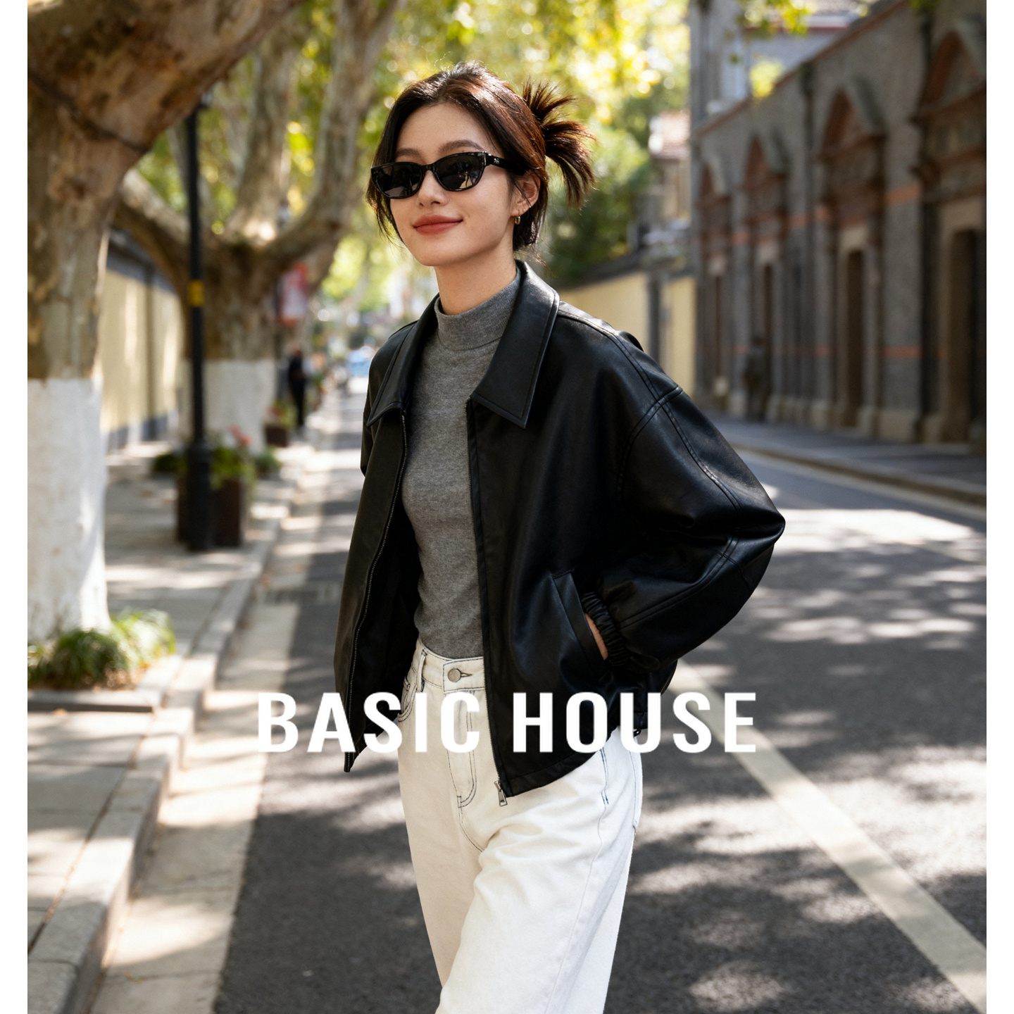 Basic House/百家好黑色翻领皮夹克25秋冬袖口抽绳设计宽松短外套