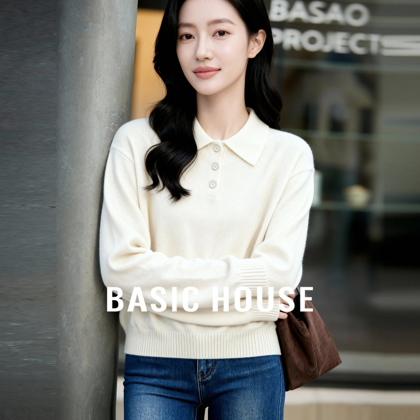 百家好白色polo翻领棉羊毛针织衫冬季新款女装上衣高级感保暖毛衣