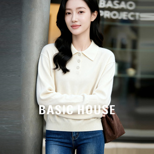 百家好白色polo翻领棉羊毛针织衫冬季新款女装上衣高级感保暖毛衣