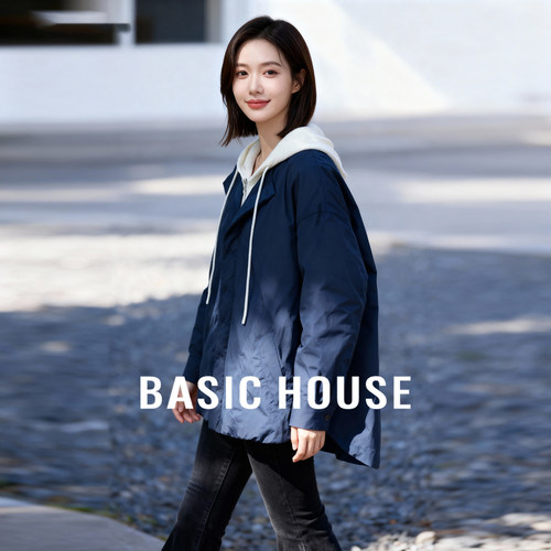 Basic House/百家好针织拼接连帽羽绒服冬季洋气撞色短款外套
