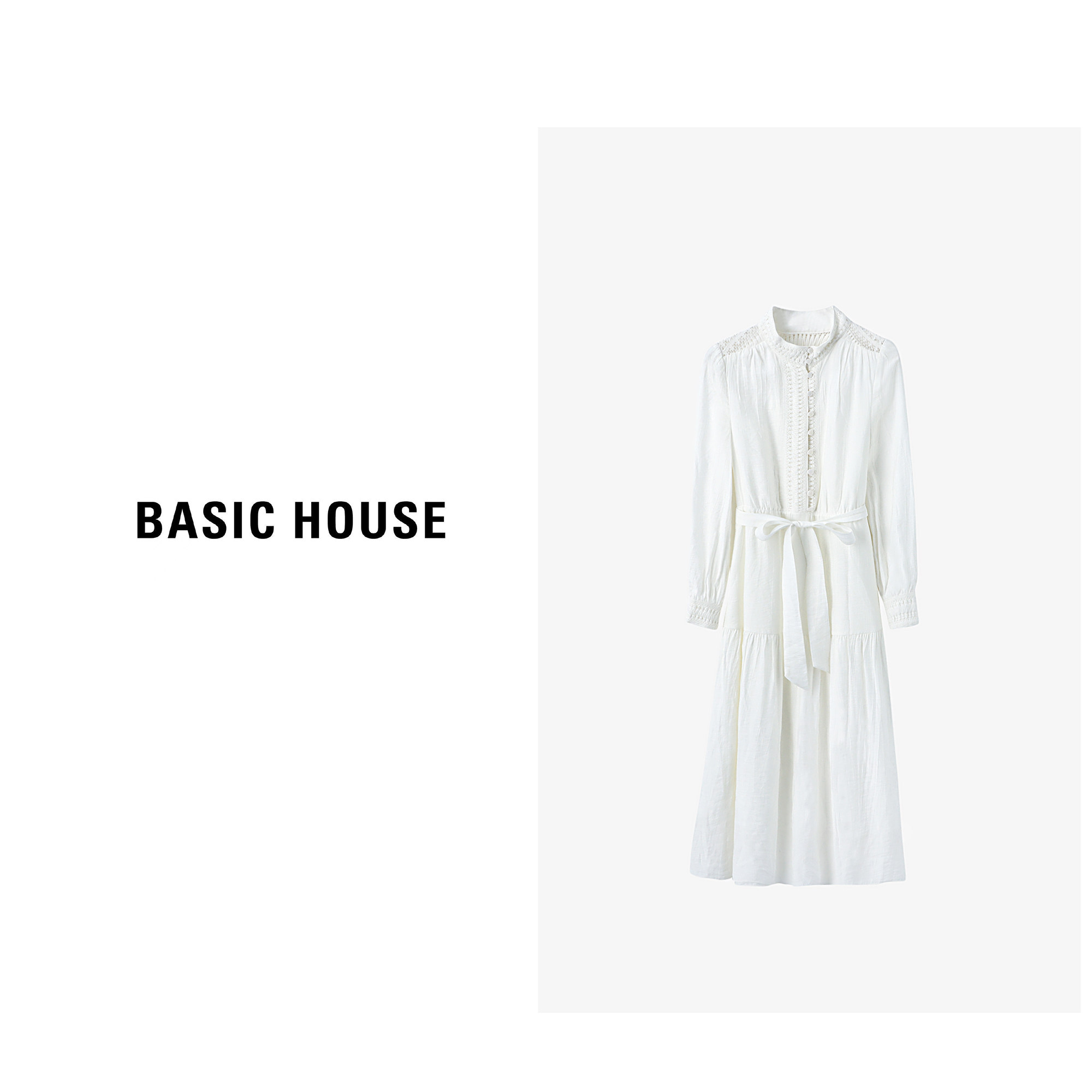 Basic House/百家好秋冬连衣裙法式气质海边度假白色长袖裙子女