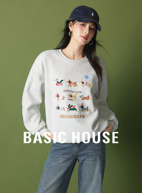 Basic House/百家好腊肠狗刺绣设计卫衣秋冬宽松圆领套头上衣2025