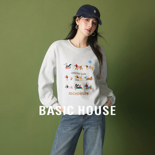Basic House/百家好腊肠狗刺绣设计卫衣秋冬宽松圆领套头上衣2025