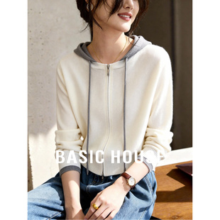 女春季 百家好莱赛尔撞色针织开衫 假两件宽松连帽上衣 House Basic