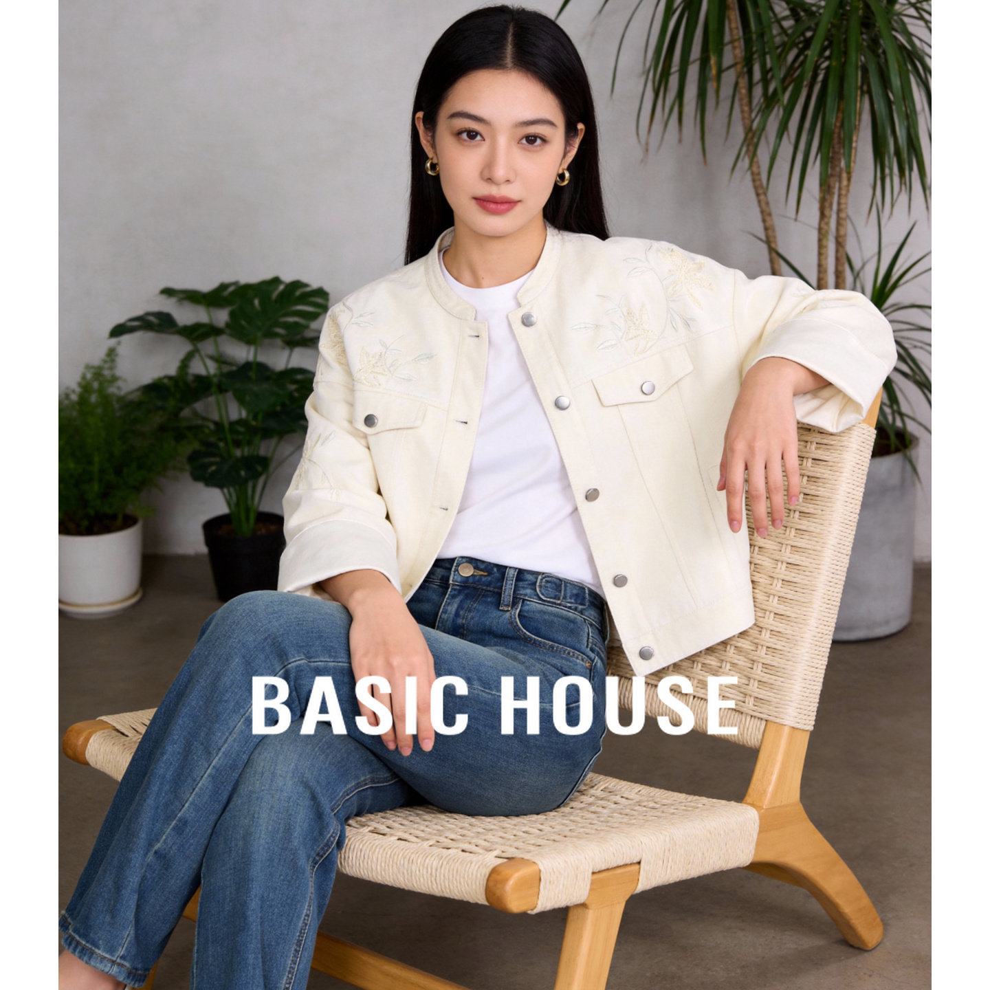 百家好白色新中式刺绣牛仔外套春季新款轻国风女士复古单排扣夹克