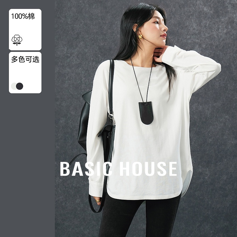 Basic House/百家好纯色弧形下摆T恤秋季显瘦宽松拼接袖正肩上衣