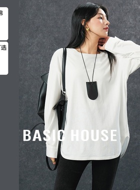 Basic House/百家好纯色弧形下摆T恤秋冬显瘦宽松拼接袖正肩上衣