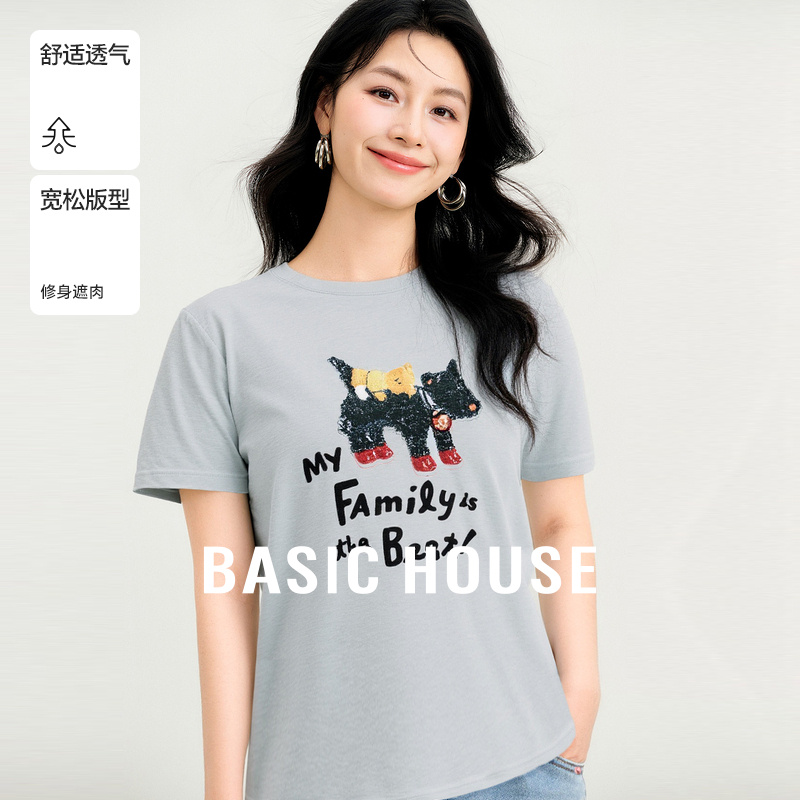 Basic House/百家好夏季新款字母小狗设计感宽松显瘦短袖套头T恤