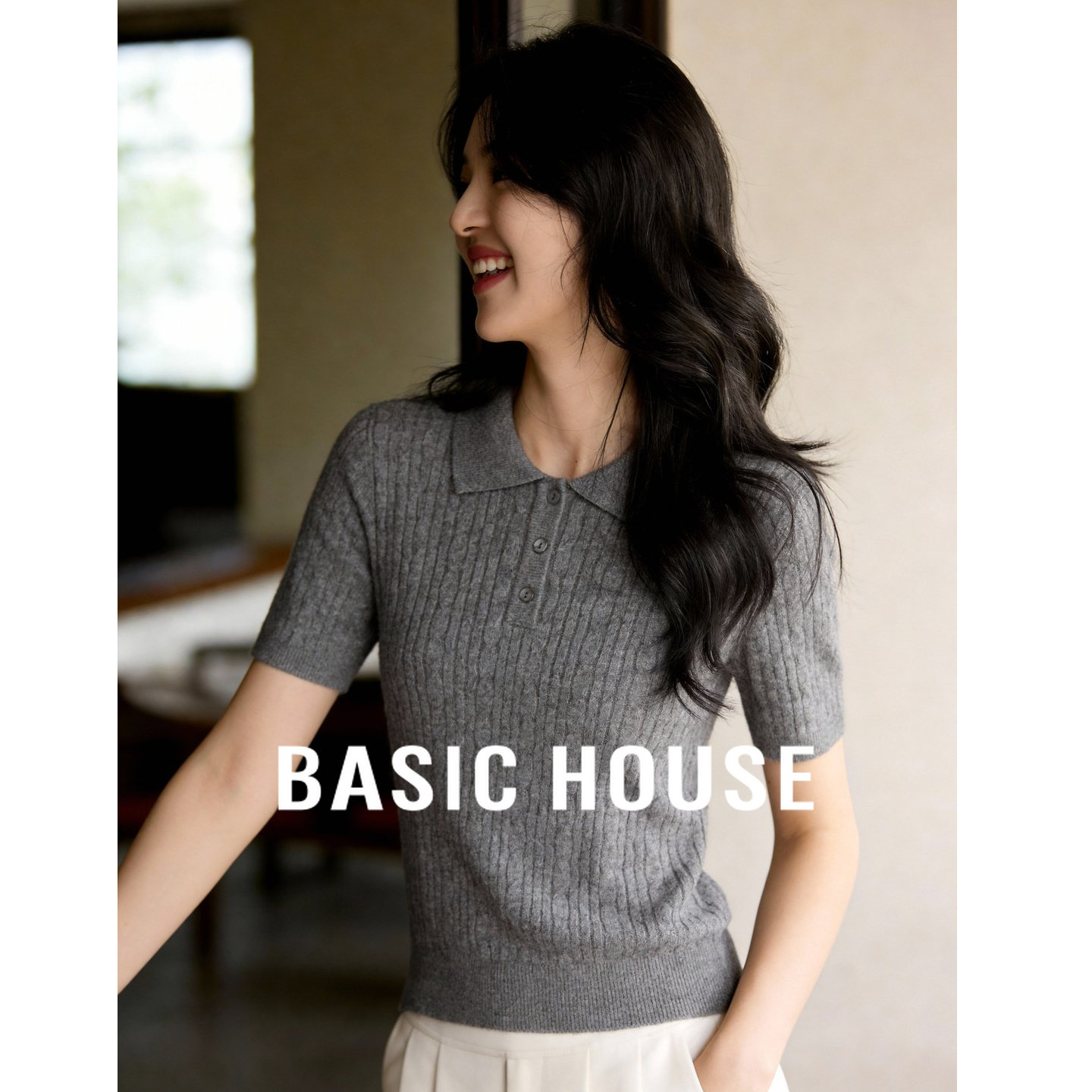 Basic House/百家好纯色polo领针织衫女春季新款短袖绞花修身毛衫,女装/女士精品,毛针织衫,淘宝优惠券,粉丝福利购,淘宝优惠卷