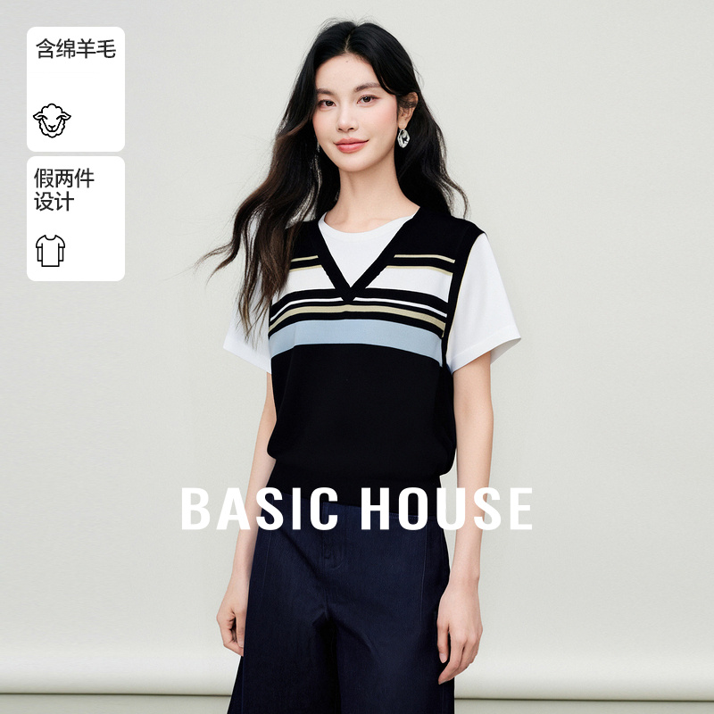 Basic House/百家好夏季新款拼接设计感假两件条纹休闲短袖针织衫
