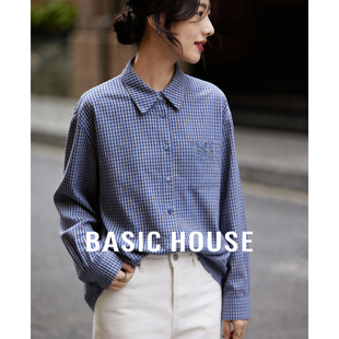 House 新款 百家好美式 女春季 街头基础叠穿衬衣 蓝色格纹衬衫 Basic