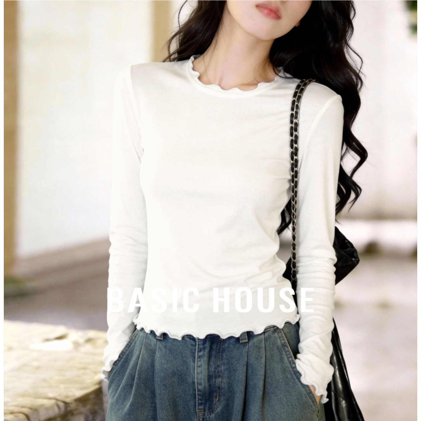 百家好浅灰木耳边领长袖软糯亲肤打底衫温柔风显瘦百搭上衣T恤