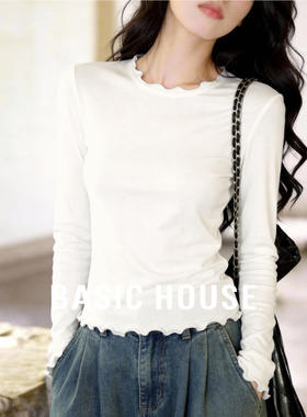 百家好浅灰木耳边领长袖软糯亲肤打底衫温柔风显瘦百搭上衣T恤