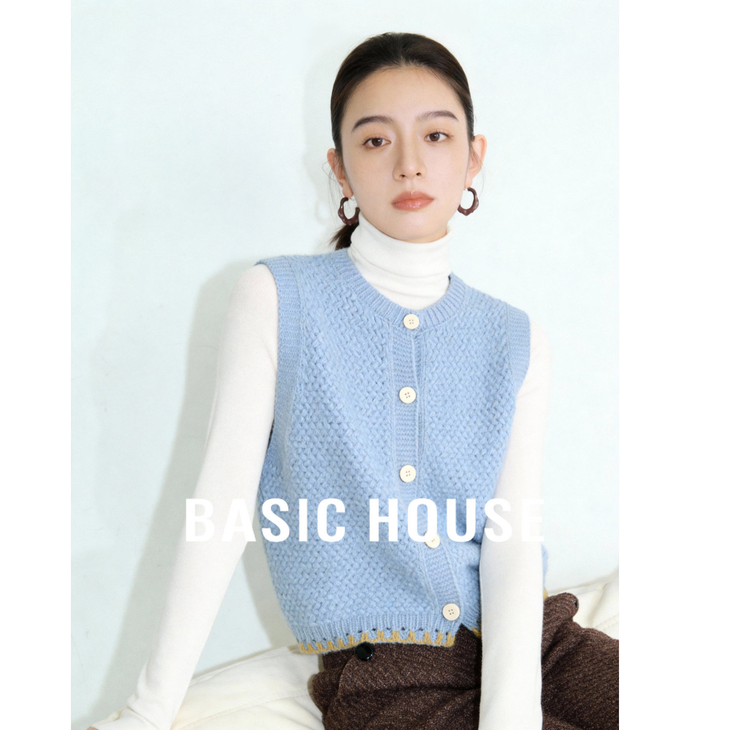 Basic House/百家好雾霾蓝肌理感针织马甲女春夏叠穿无袖开衫背心