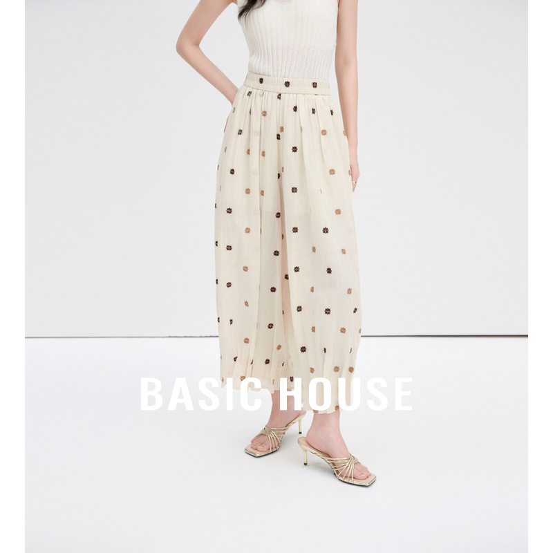Basic House/百家好刺绣波点撞色阔腿裤夏季透气松紧腰休闲长裤女