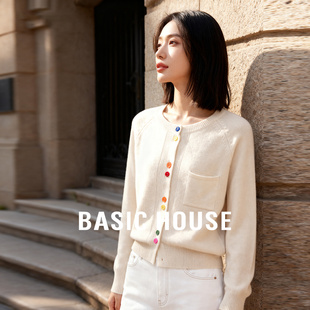 Basic House/百家好韩系绵羊毛插肩袖针织衫小个子彩扣开衫外套女