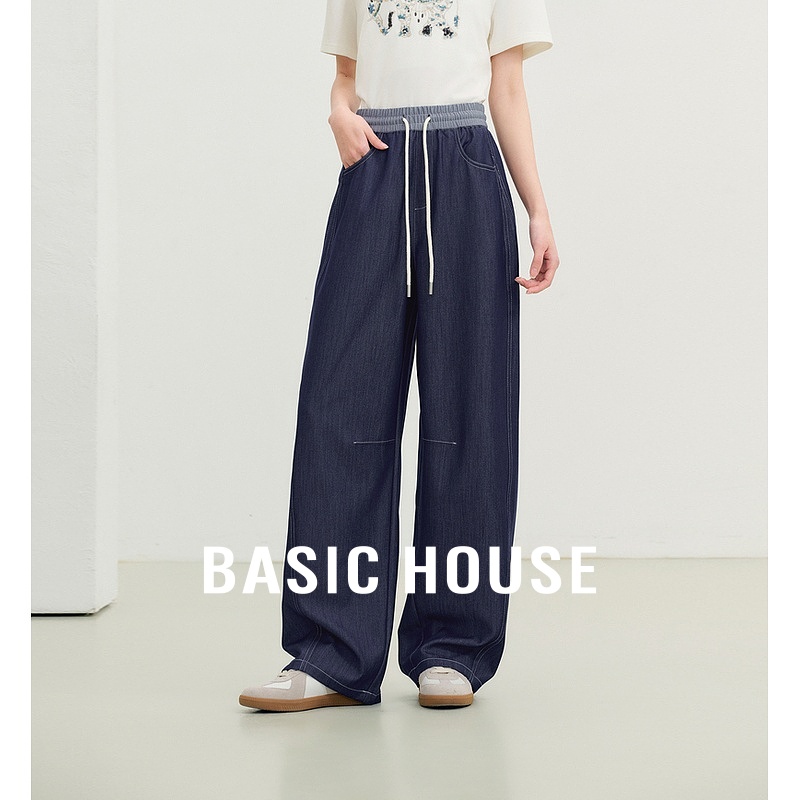 Basic House/百家好丹宁仿牛仔阔腿裤女秋季宽松慵懒休闲高腰长裤