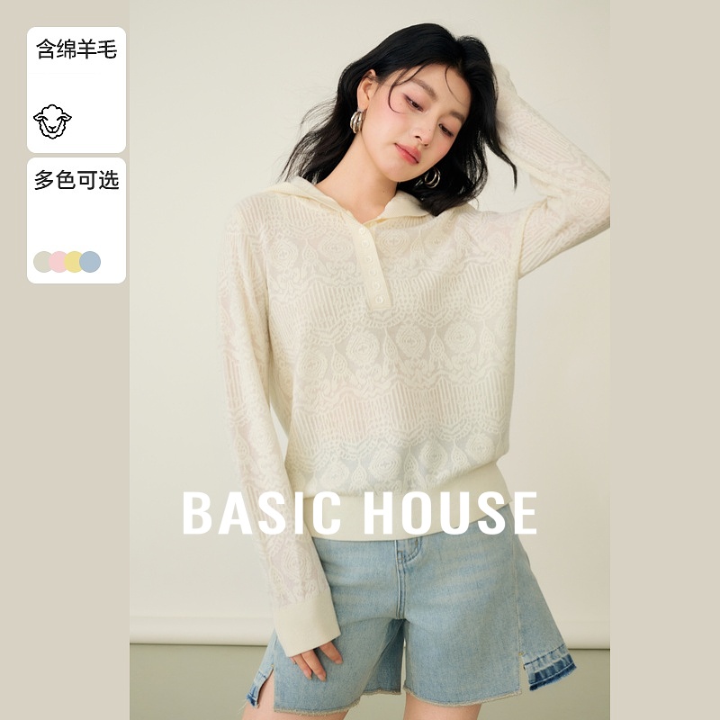 Basic House/百家好提花刺绣连帽针织衫女秋季绵羊毛宽松套头上衣