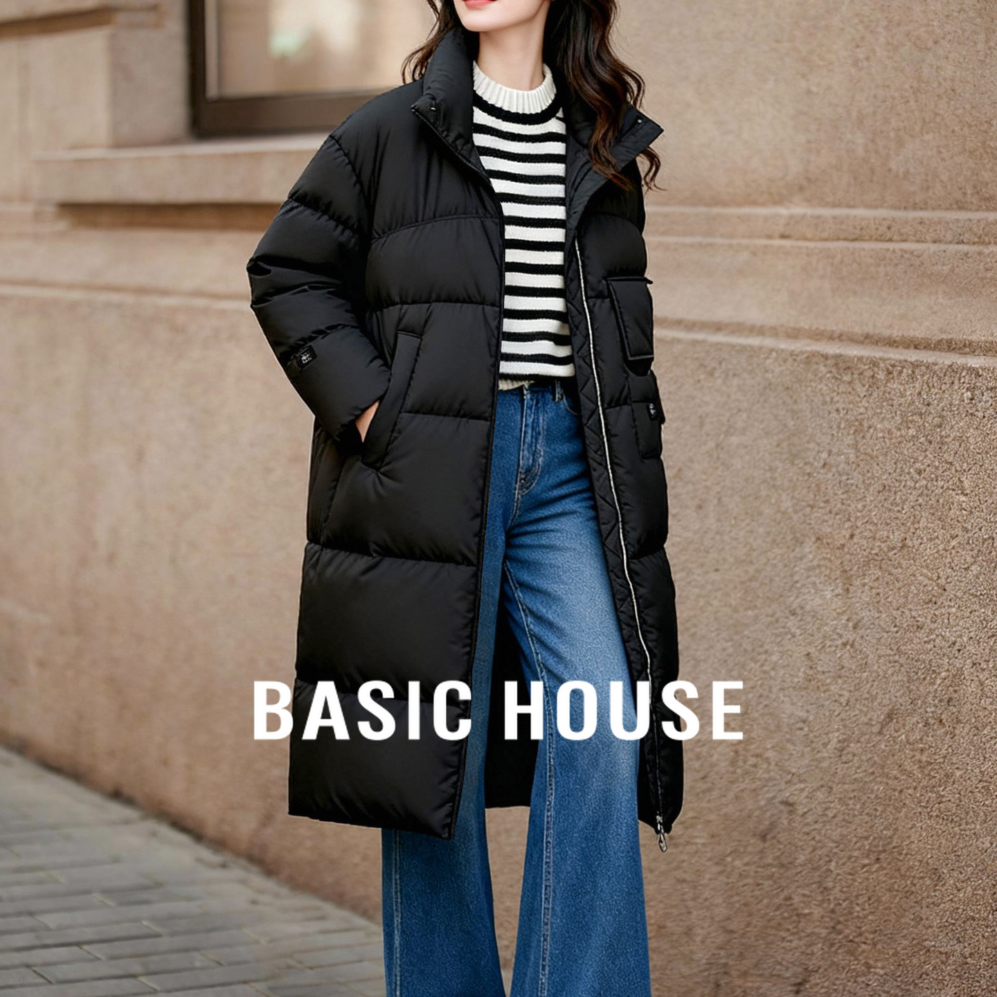 Basic House/百家好冬季新款宽松加厚白鸭绒纯色长款羽绒服外套女