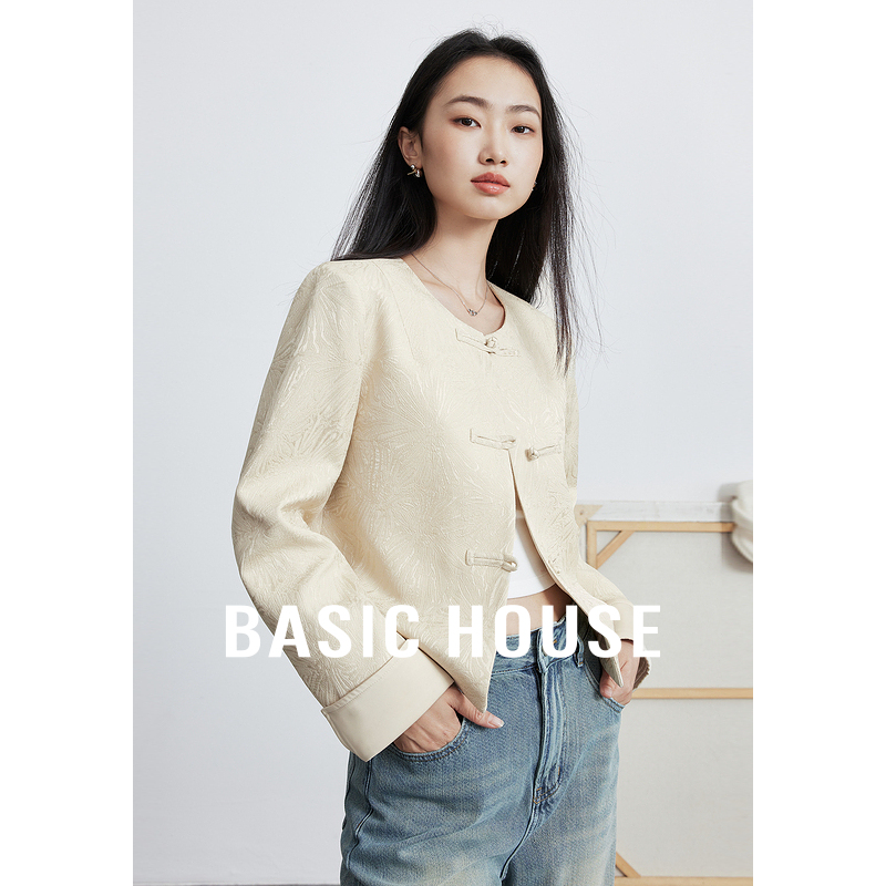Basic House/百家好新中式盘扣外套女秋季轻国风刺绣长袖短款上衣