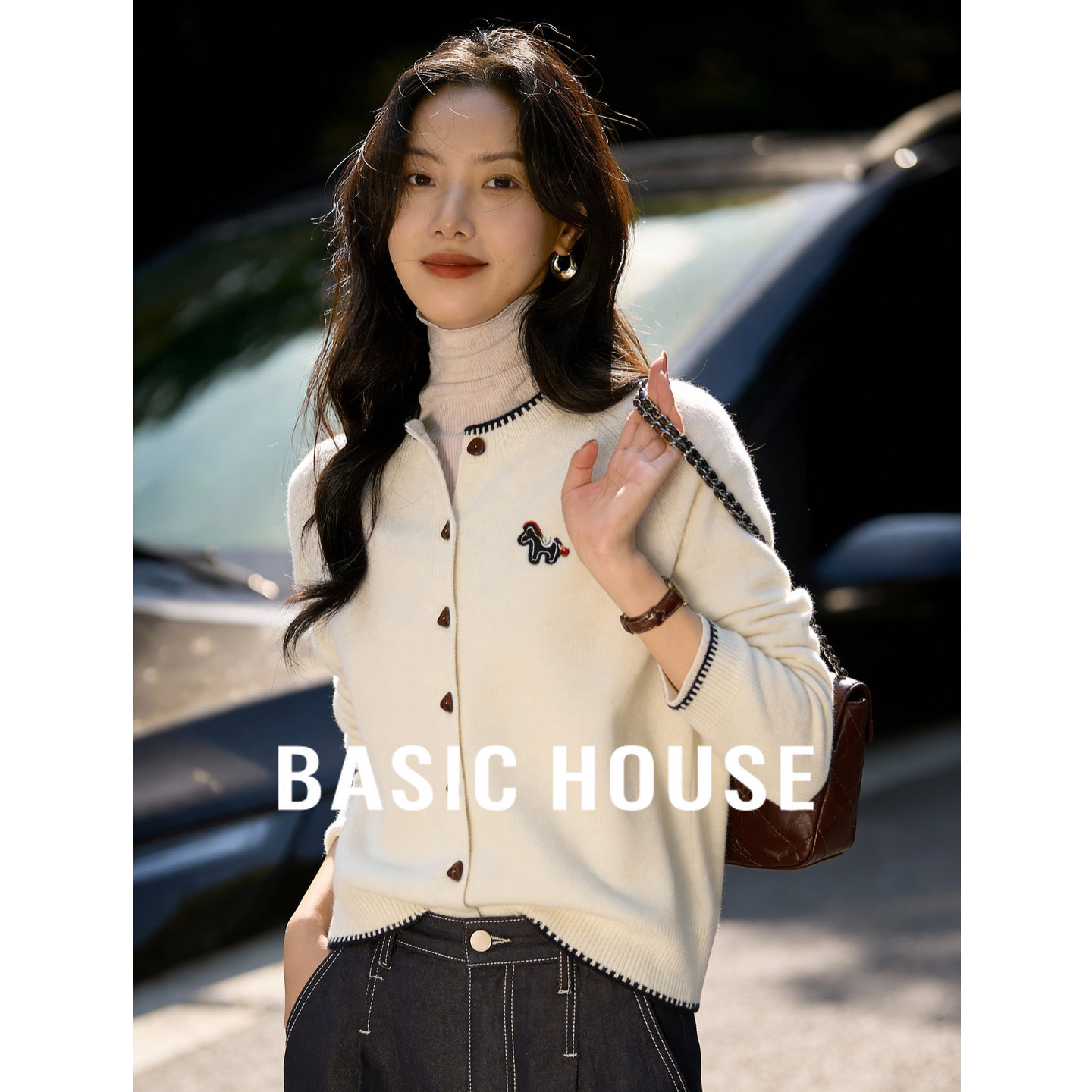Basic House/百家好2026新款小马刺绣撞色针织开衫女春三角扣毛衣,女装/女士精品,毛衣,淘宝优惠券,粉丝福利购,淘宝优惠卷