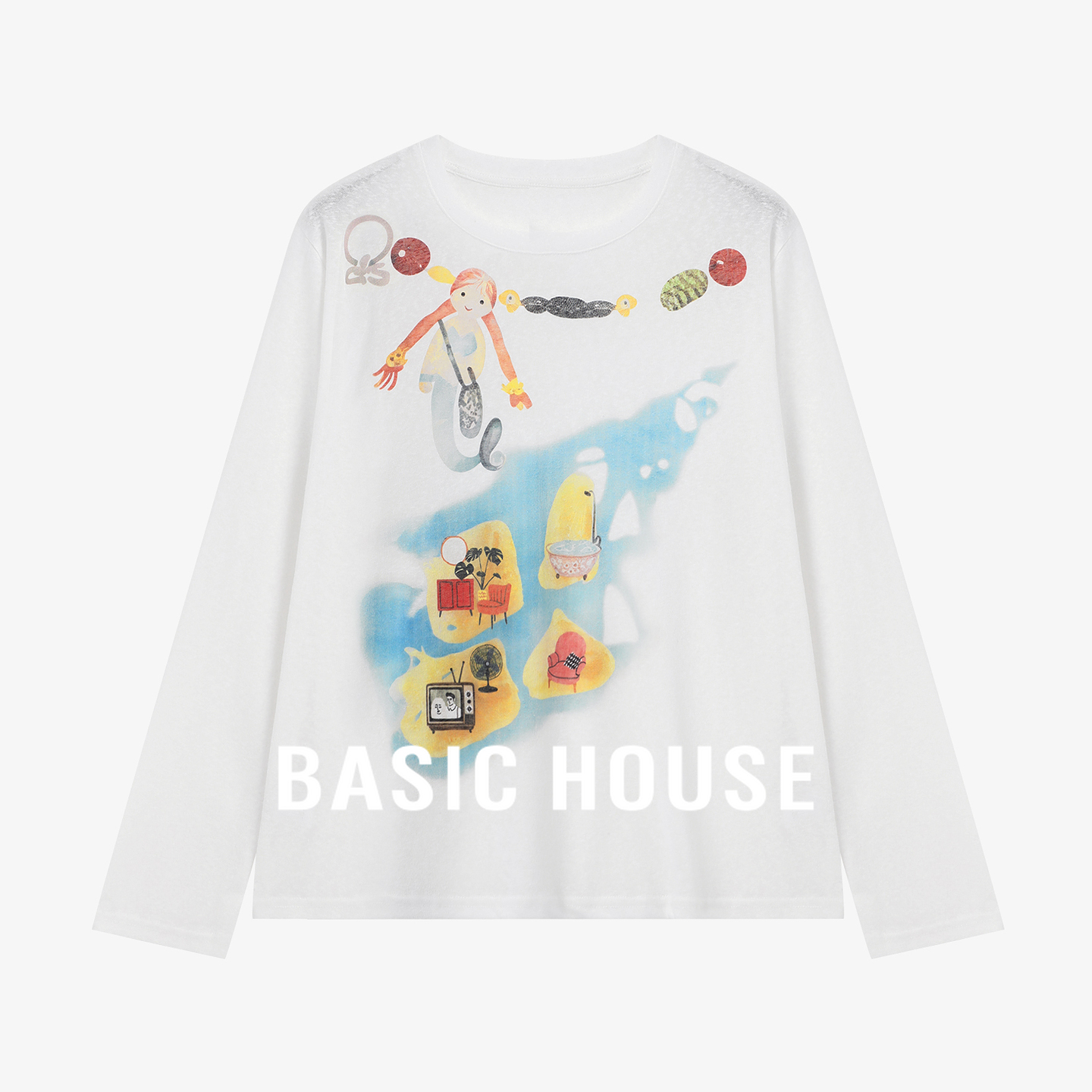 Basic House/百家好夏秋新款卡通印花设计感长袖圆领宽松显瘦T恤