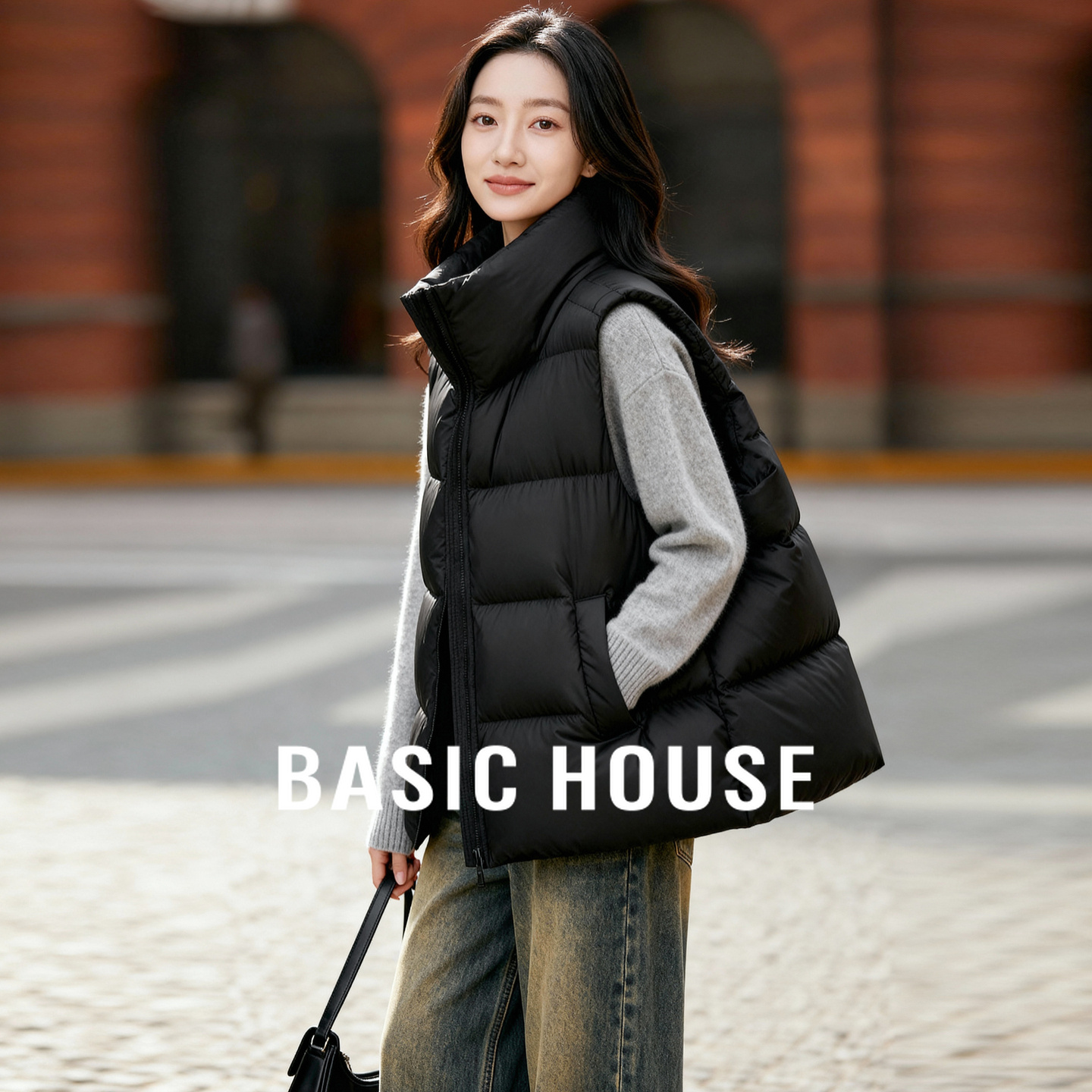 Basic House/百家好立领无袖羽绒马甲女冬新款简约风宽松百搭上衣