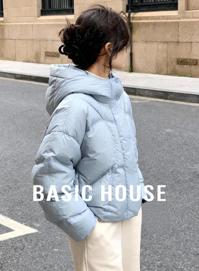 Basic House/百家好蓝色羽绒服女2025冬新款短款鸭绒休闲保暖外套