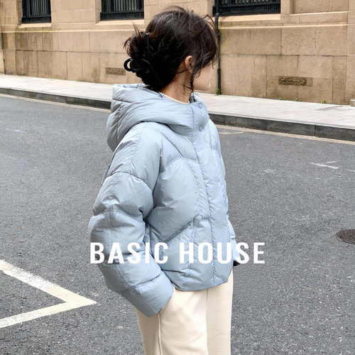 Basic House/百家好蓝色羽绒服女2025冬新款短款鸭绒休闲保暖外套